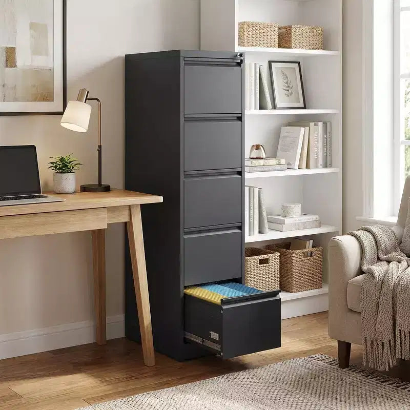 Armadietto verticale da 162,56 cm con 5 cassetti, in metallo nero, con serratura, adatto per A4/Legal/Letter