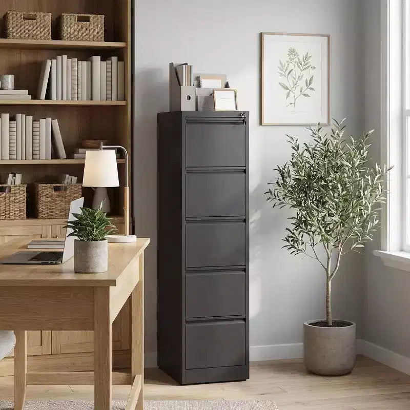 Armadietto verticale da 162,56 cm con 5 cassetti, in metallo nero, con serratura, adatto per A4/Legal/Letter