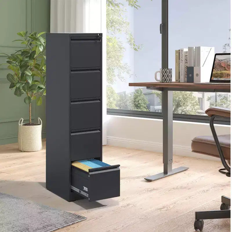 Armadietto verticale da 162,56 cm con 5 cassetti, in metallo nero, con serratura, adatto per A4/Legal/Letter