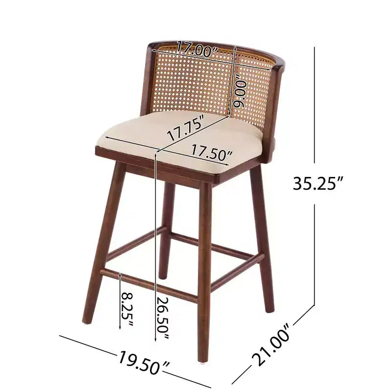 Set di 2 Sgabelli da Bancone in Legno con Schienale in Rattan e Rivestimento Beige