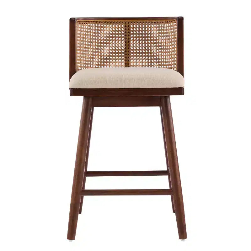 Set di 2 Sgabelli da Bancone in Legno con Schienale in Rattan e Rivestimento Beige