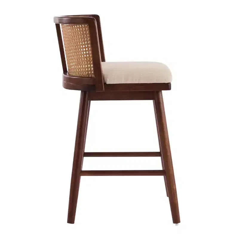 Set di 2 Sgabelli da Bancone in Legno con Schienale in Rattan e Rivestimento Beige