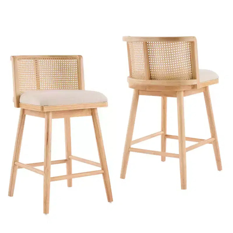 Set di 2 Sgabelli da Bancone in Legno con Schienale in Rattan e Rivestimento Beige