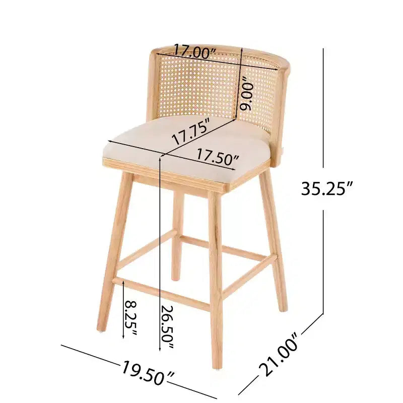 Set di 2 Sgabelli da Bancone in Legno con Schienale in Rattan e Rivestimento Beige