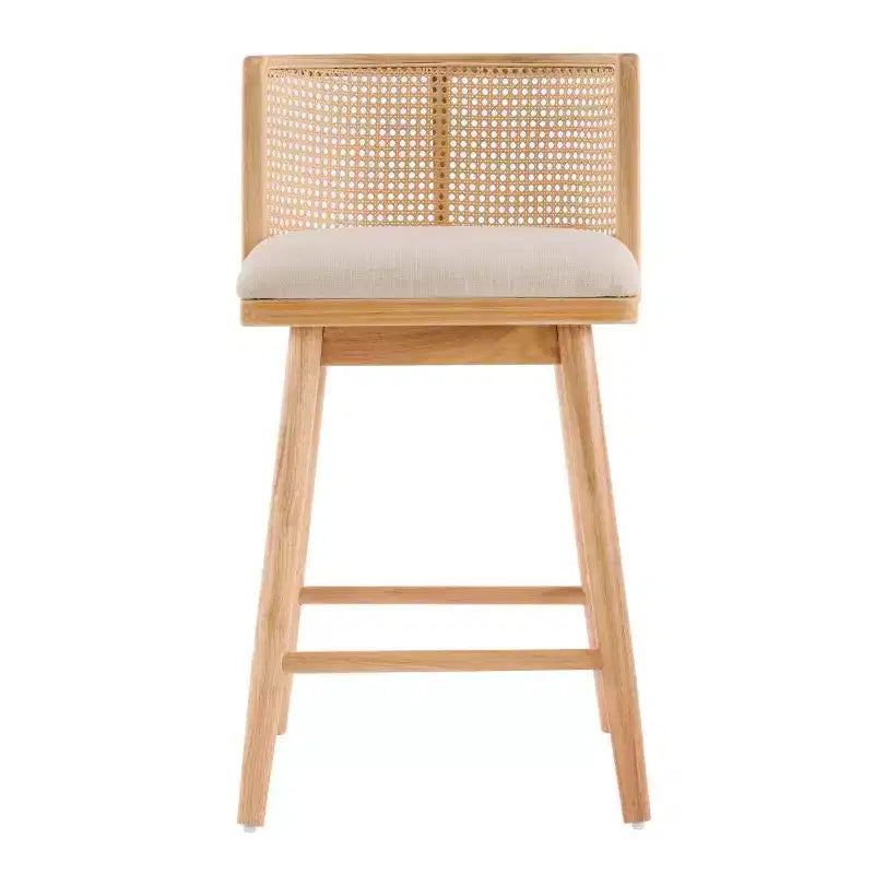 Set di 2 Sgabelli da Bancone in Legno con Schienale in Rattan e Rivestimento Beige