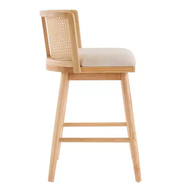 Set di 2 Sgabelli da Bancone in Legno con Schienale in Rattan e Rivestimento Beige