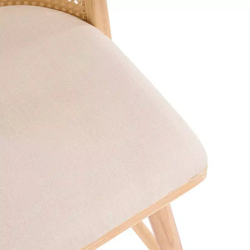 Set di 2 Sgabelli da Bancone in Legno con Schienale in Rattan e Rivestimento Beige