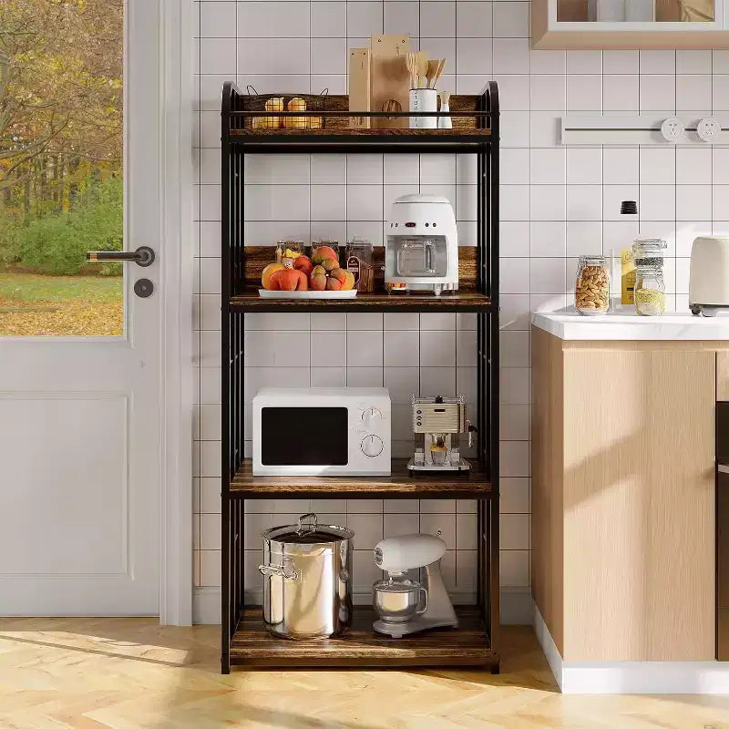Scaffale da Panettiere a 4 Ripiani per Cucina con Contenitore, Porta Microonde Industriale, Mobiletto Caffè per Piccoli Spazi, Scaffale da Cucina Autoportante