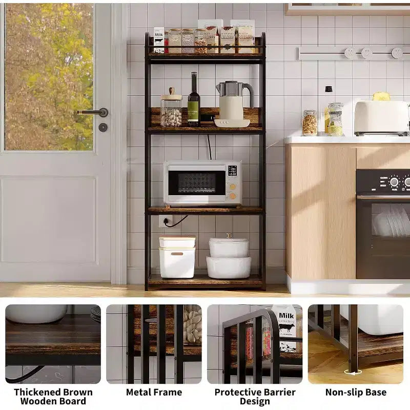 Scaffale da Panettiere a 4 Ripiani per Cucina con Contenitore, Porta Microonde Industriale, Mobiletto Caffè per Piccoli Spazi, Scaffale da Cucina Autoportante