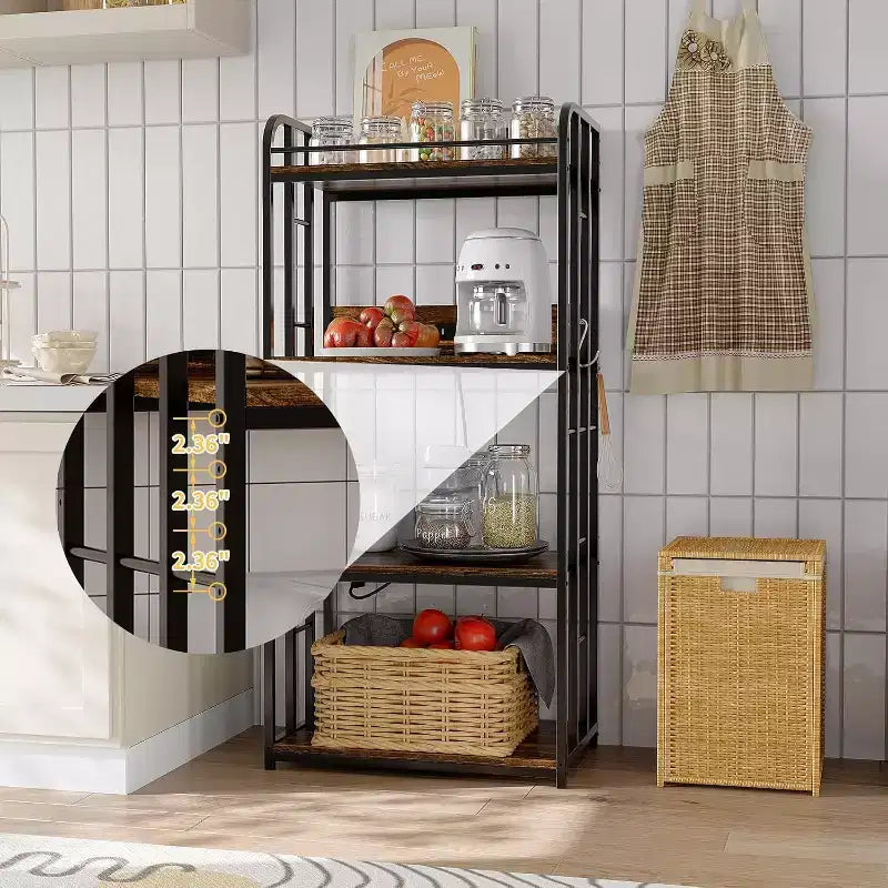 Scaffale da Panettiere a 4 Ripiani per Cucina con Contenitore, Porta Microonde Industriale, Mobiletto Caffè per Piccoli Spazi, Scaffale da Cucina Autoportante
