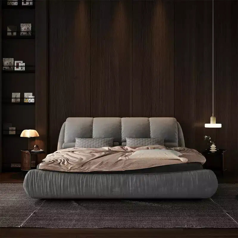 MAYEERTY King Size Luxury Upholstered Platform Bed with Oversized Padded Backrset and Solid Wood Frame Gray