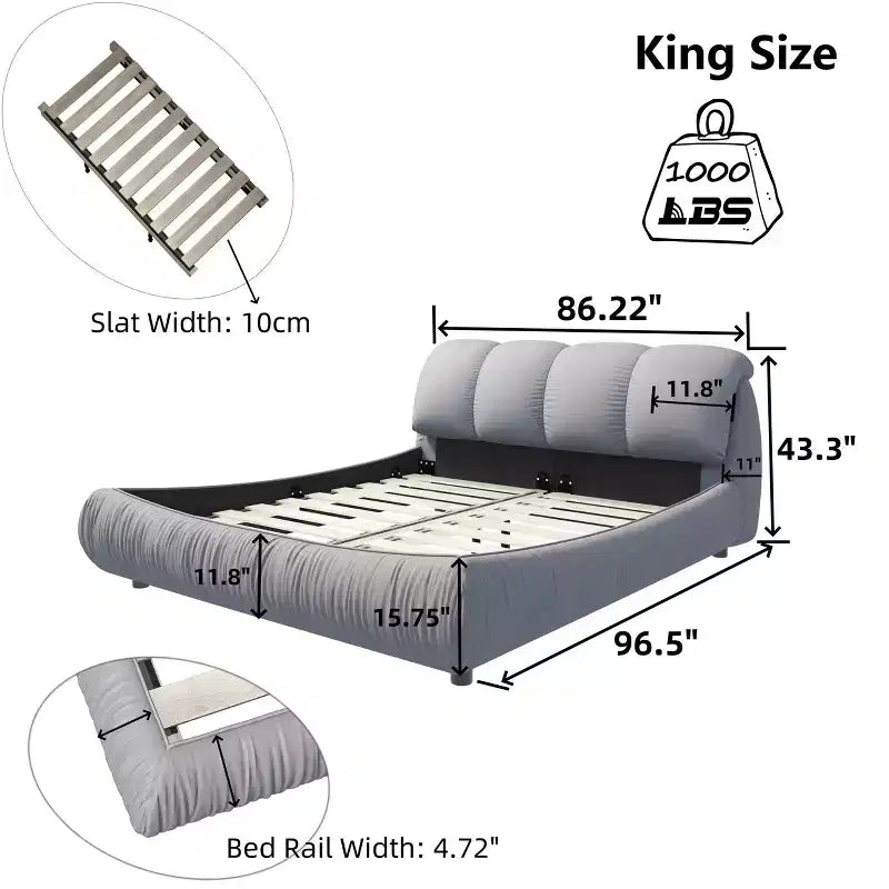 Letto King Size di Lusso Rivestito in Tessuto con Testiera Imbottita Oversize e Struttura in Legno Massello, Grigio