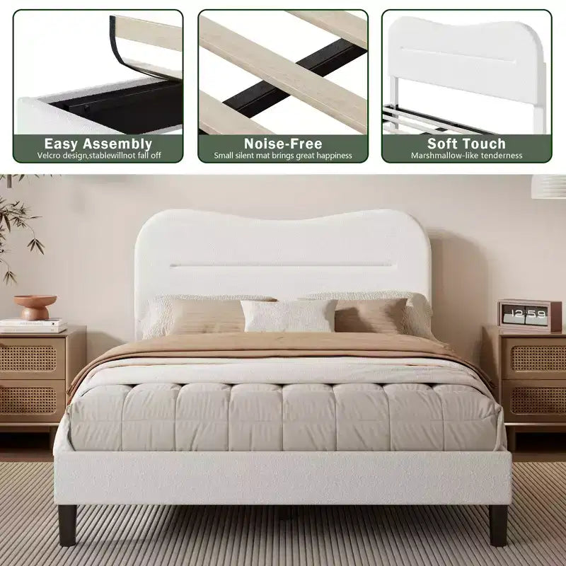 Telaio Letto Imbottito Matrimoniale in Tessuto Teddy Bouclé Testiera Bianco Nuvola Design Moderno Marshmallow Nessuna Rete a Molle Necessaria Robuste Doghe in Legno