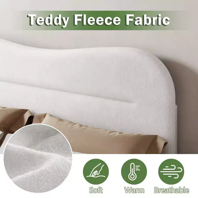 Telaio Letto Imbottito Matrimoniale in Tessuto Teddy Bouclé Testiera Bianco Nuvola Design Moderno Marshmallow Nessuna Rete a Molle Necessaria Robuste Doghe in Legno