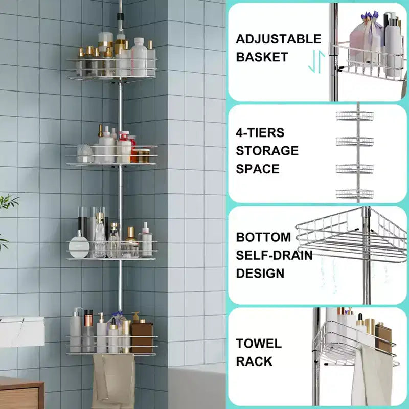 Piantana doccia ad angolo, con 4 ripiani a cestello e barre portasciugamani integrate, organizer doccia da bagno antiruggine regolabile 75-110