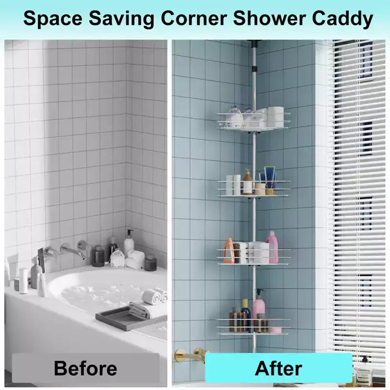 Piantana doccia ad angolo, con 4 ripiani a cestello e barre portasciugamani integrate, organizer doccia da bagno antiruggine regolabile 75-110