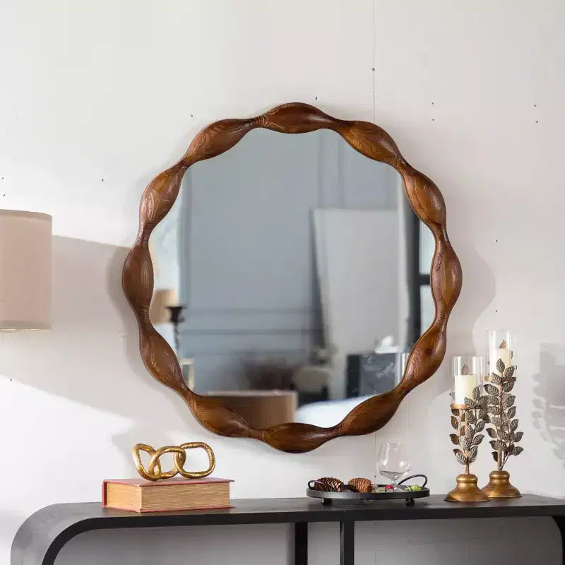 32.28 Round Wall Mirror, Rustic Farmhouse Accent Mirror Wavy Irregular Decorative Mirror, Walnut - ModernLuxe