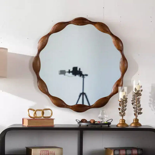 Specchio da Parete Rotondo 32" Stile Rustico/Country Ondulato Irregolare, Noce