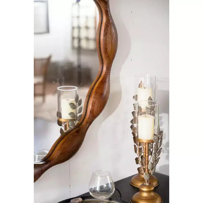 Specchio da Parete Rotondo 32" Stile Rustico/Country Ondulato Irregolare, Noce