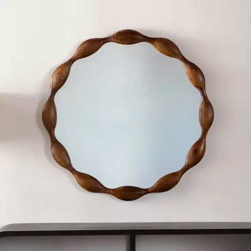 Specchio da Parete Rotondo 32" Stile Rustico/Country Ondulato Irregolare, Noce