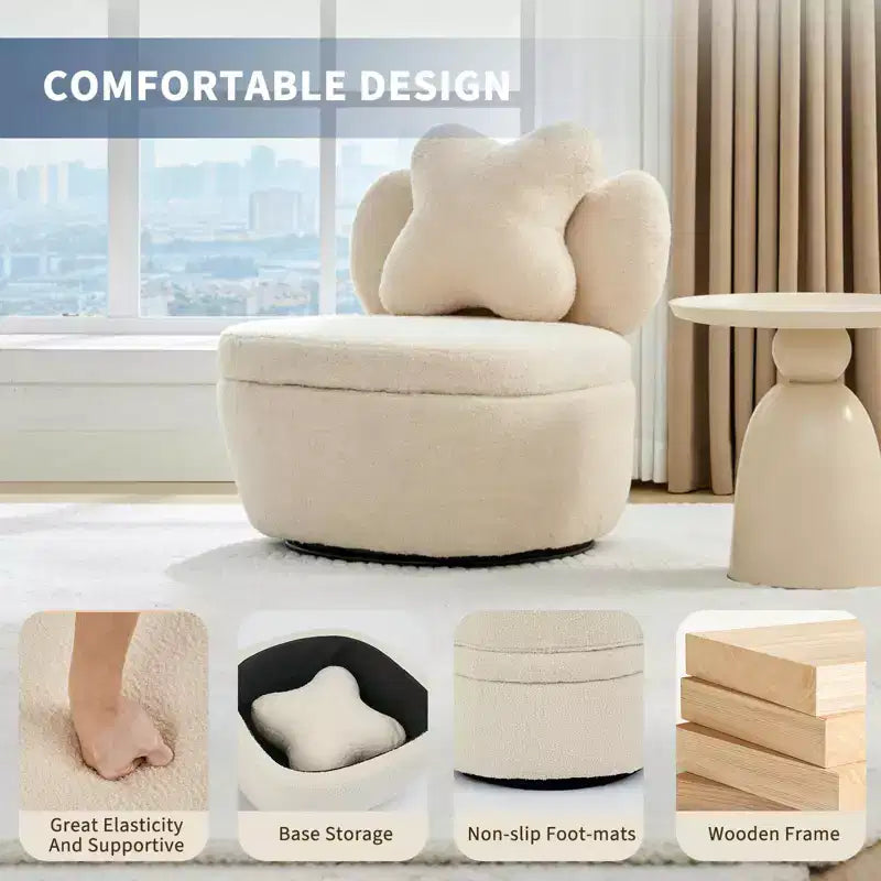 Poltrona girevole a 360° con vano portaoggetti, poltrona imbottita in velluto Teddy con cuscino ergonomico, tessuto antigraffio