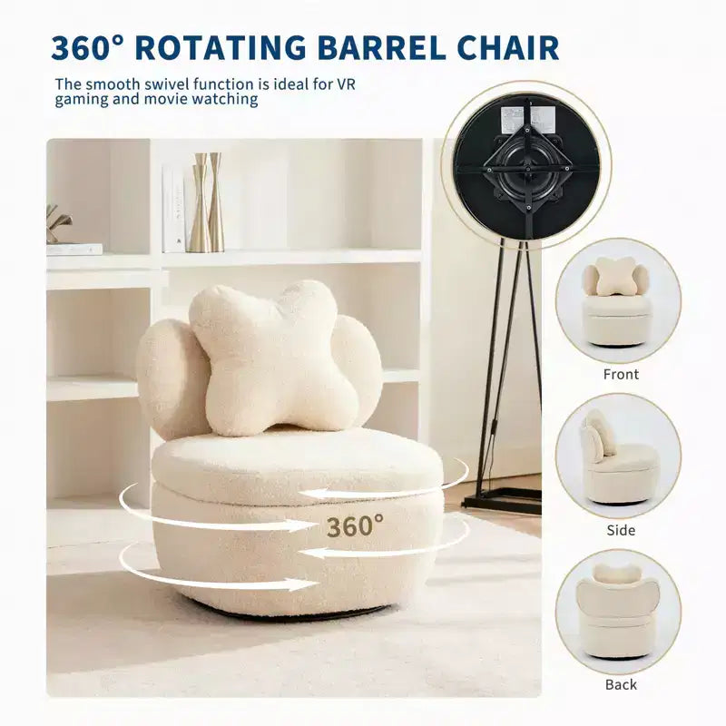 Poltrona girevole a 360° con vano portaoggetti, poltrona imbottita in velluto Teddy con cuscino ergonomico, tessuto antigraffio