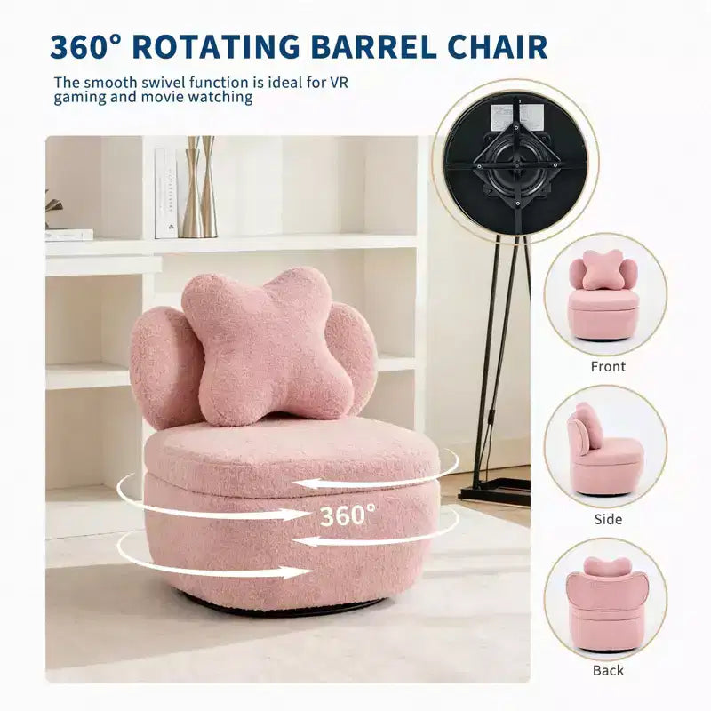 Poltrona girevole a 360° con vano portaoggetti, poltrona imbottita in velluto Teddy con cuscino ergonomico, tessuto antigraffio