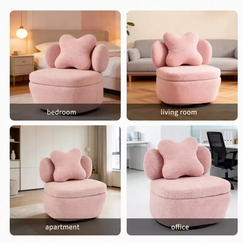 Poltrona girevole a 360° con vano portaoggetti, poltrona imbottita in velluto Teddy con cuscino ergonomico, tessuto antigraffio
