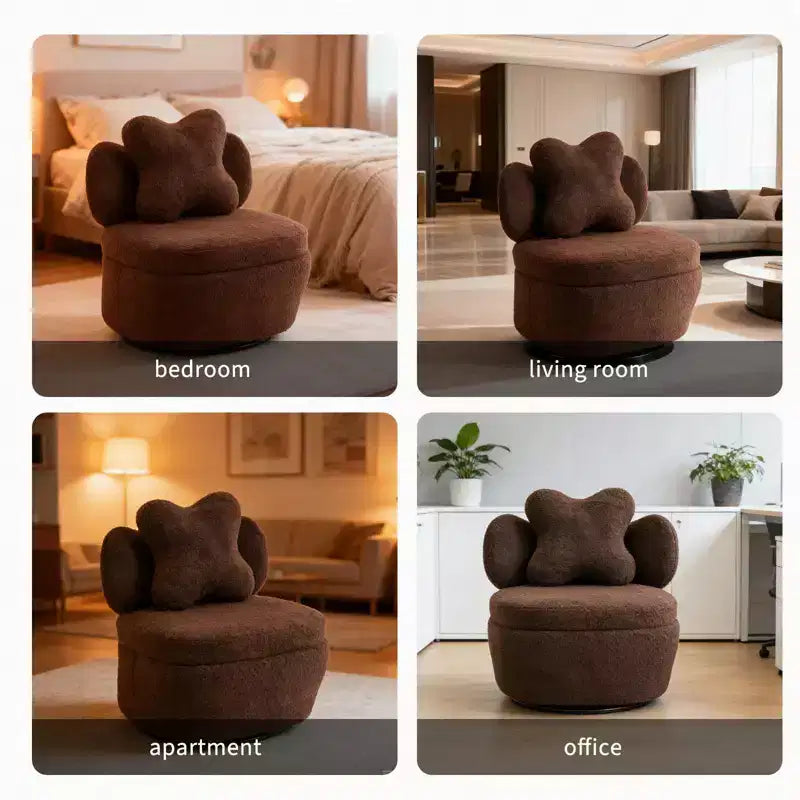 Poltrona girevole a 360° con vano portaoggetti, poltrona imbottita in velluto Teddy con cuscino ergonomico, tessuto antigraffio