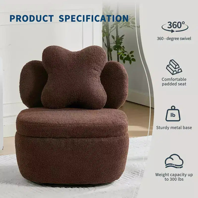 Poltrona girevole a 360° con vano portaoggetti, poltrona imbottita in velluto Teddy con cuscino ergonomico, tessuto antigraffio