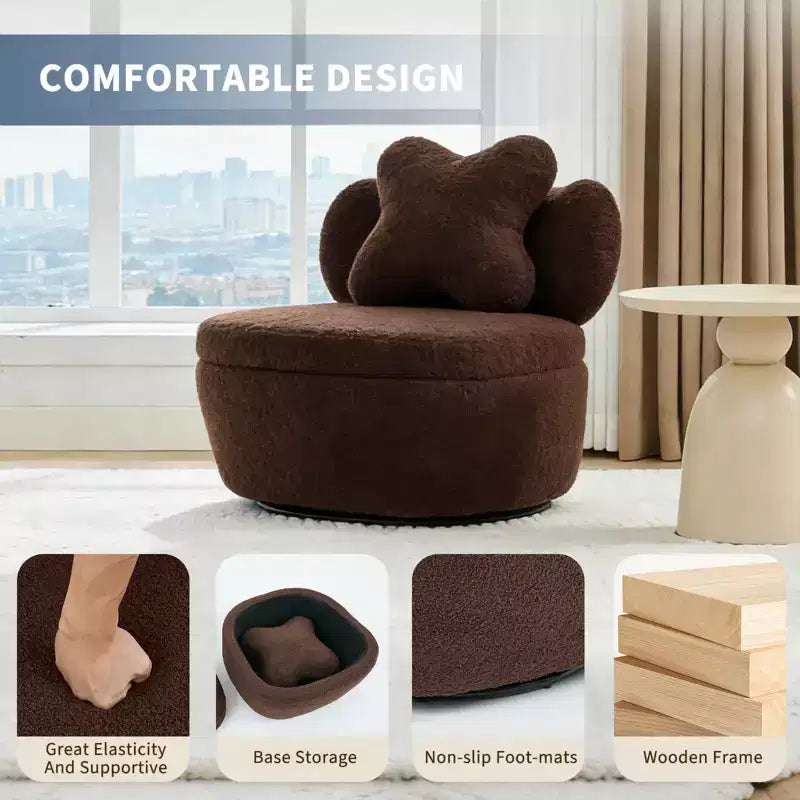 Poltrona girevole a 360° con vano portaoggetti, poltrona imbottita in velluto Teddy con cuscino ergonomico, tessuto antigraffio