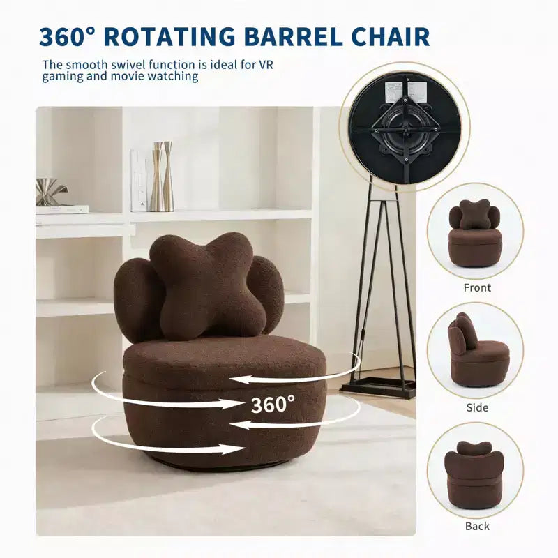 Poltrona girevole a 360° con vano portaoggetti, poltrona imbottita in velluto Teddy con cuscino ergonomico, tessuto antigraffio