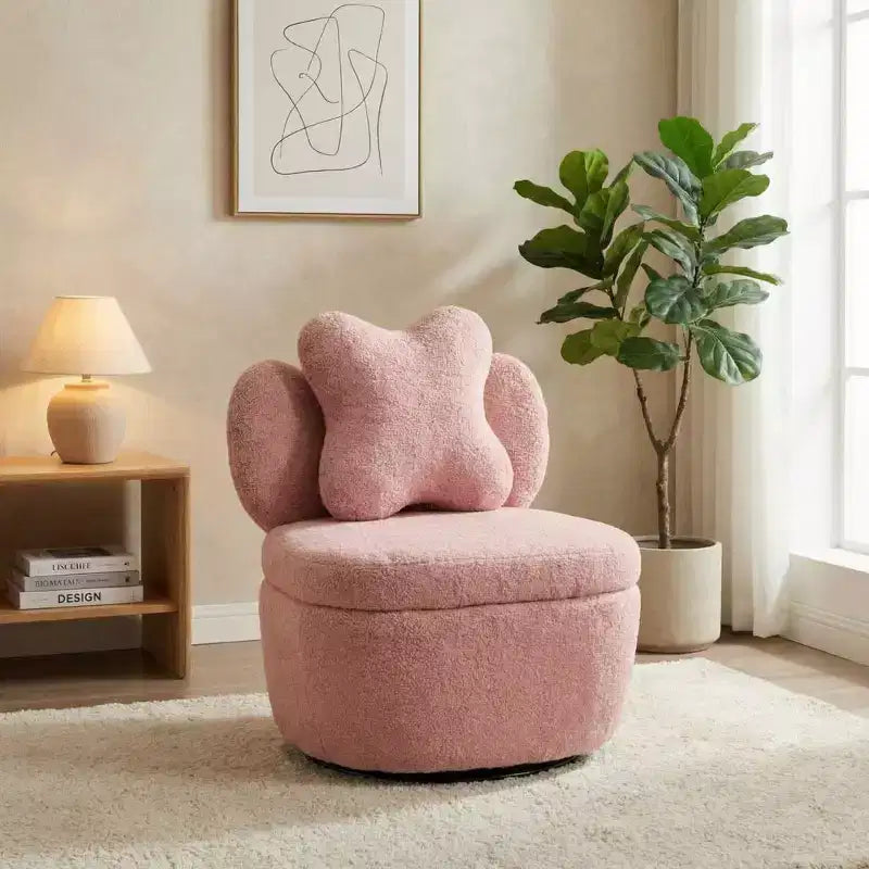 Poltrona girevole a 360° con vano portaoggetti, poltrona imbottita in velluto Teddy con cuscino ergonomico, tessuto antigraffio