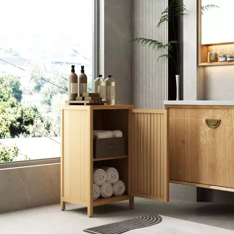 Mobiletto da bagno in bambù con anta e ripiano regolabile, organizer da pavimento autoportante