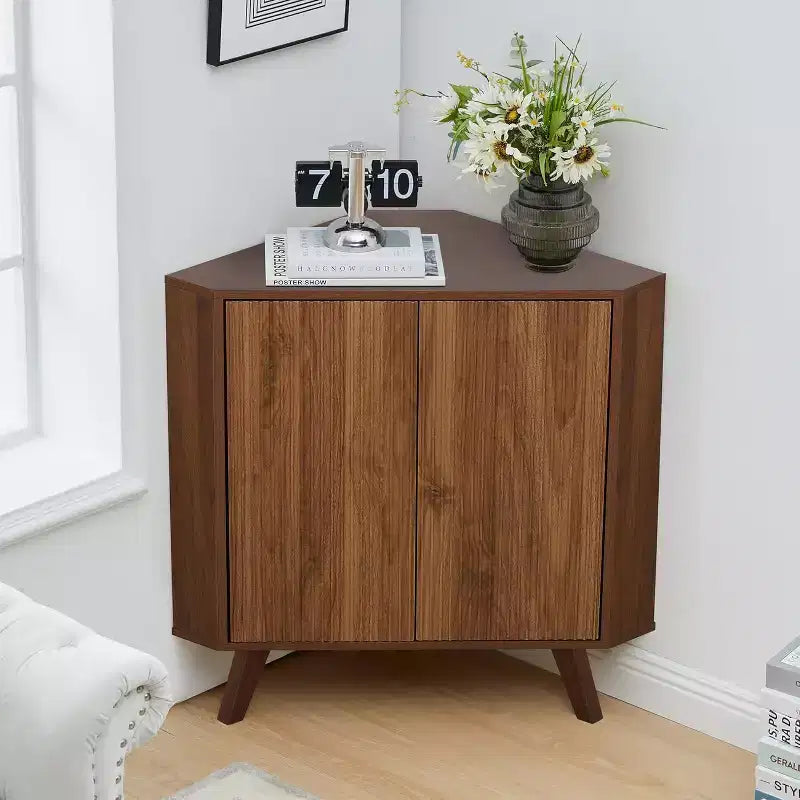 Tavolino angolare industriale in legno a 3 ripiani con ante, tavolino triangolare per soggiorno, cucina, 80 x 40 x 78 cm