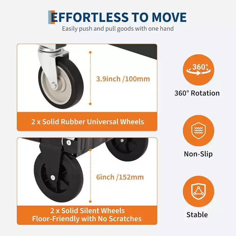 Carrello manuale convertibile 2 in 1, capacità di carico 300 kg, carrello pieghevole con ruote, cinghie elastiche, carrello pieghevole in acciaio al carbonio per magazzino