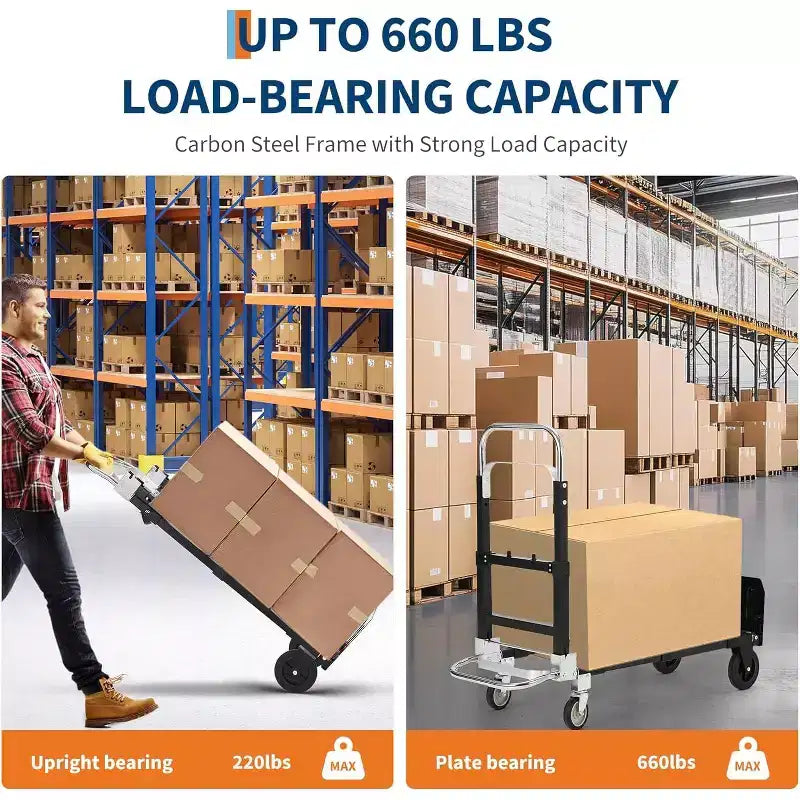 Carrello manuale convertibile 2 in 1, capacità di carico 300 kg, carrello pieghevole con ruote, cinghie elastiche, carrello pieghevole in acciaio al carbonio per magazzino