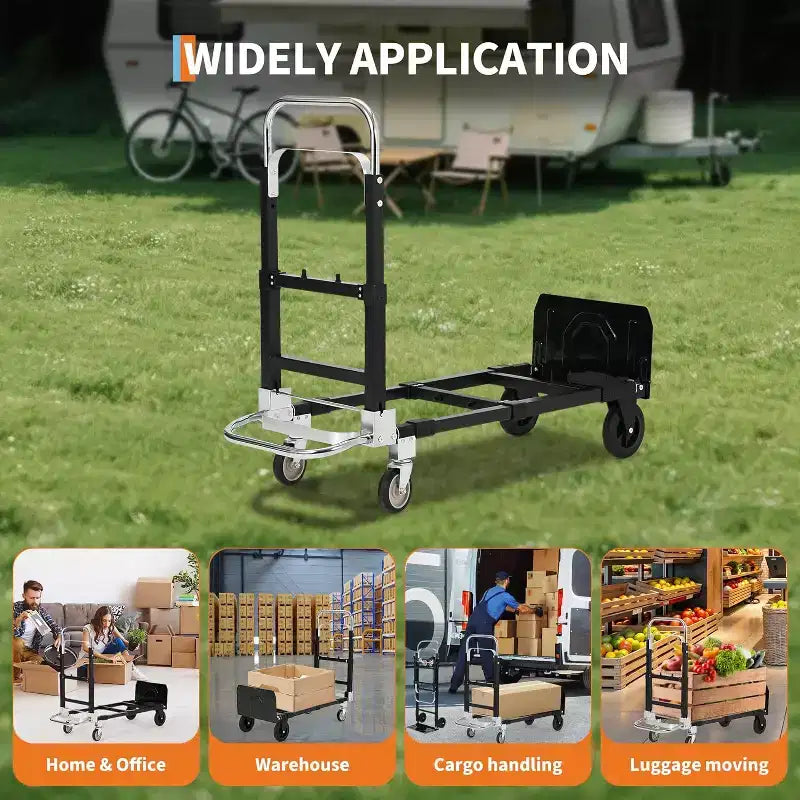Carrello manuale convertibile 2 in 1, capacità di carico 300 kg, carrello pieghevole con ruote, cinghie elastiche, carrello pieghevole in acciaio al carbonio per magazzino