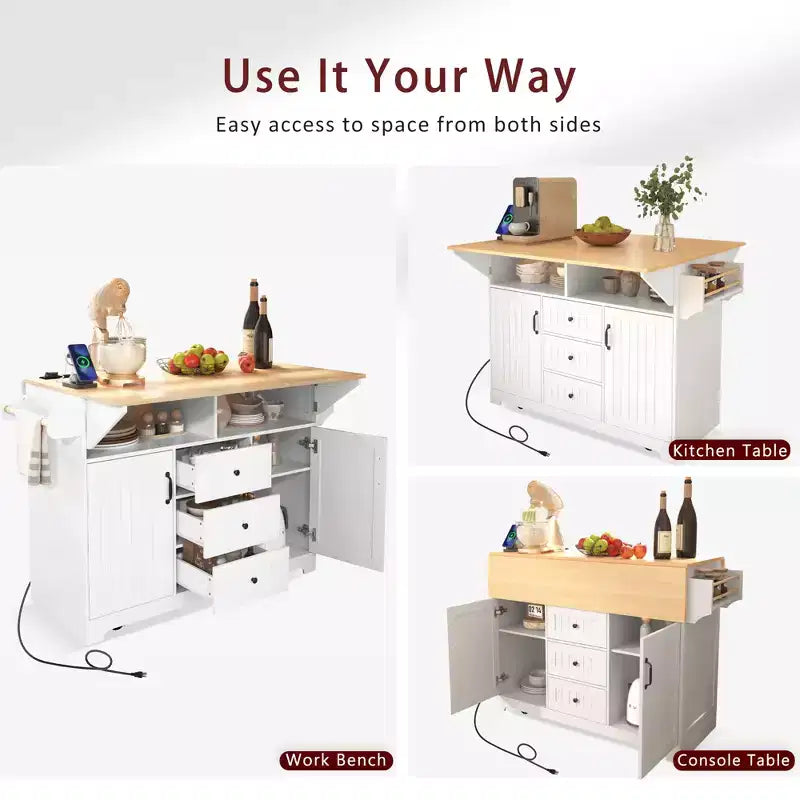 Grande isola cucina con 2 ante a ribalta, carrello da cucina su 5 ruote, tavolo da pranzo pieghevole con portapane e portatovaglioli, 3 cassetti