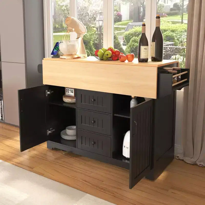 Grande isola cucina con 2 ante a ribalta, carrello da cucina su 5 ruote, tavolo da pranzo pieghevole con portapane e portatovaglioli, 3 cassetti