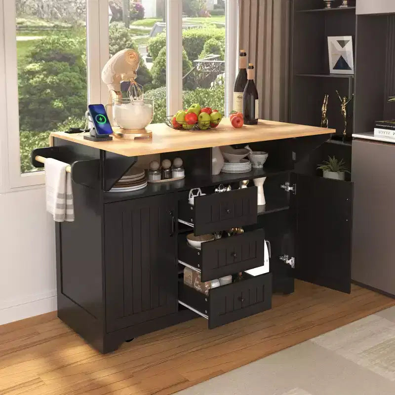 Grande isola cucina con 2 ante a ribalta, carrello da cucina su 5 ruote, tavolo da pranzo pieghevole con portapane e portatovaglioli, 3 cassetti