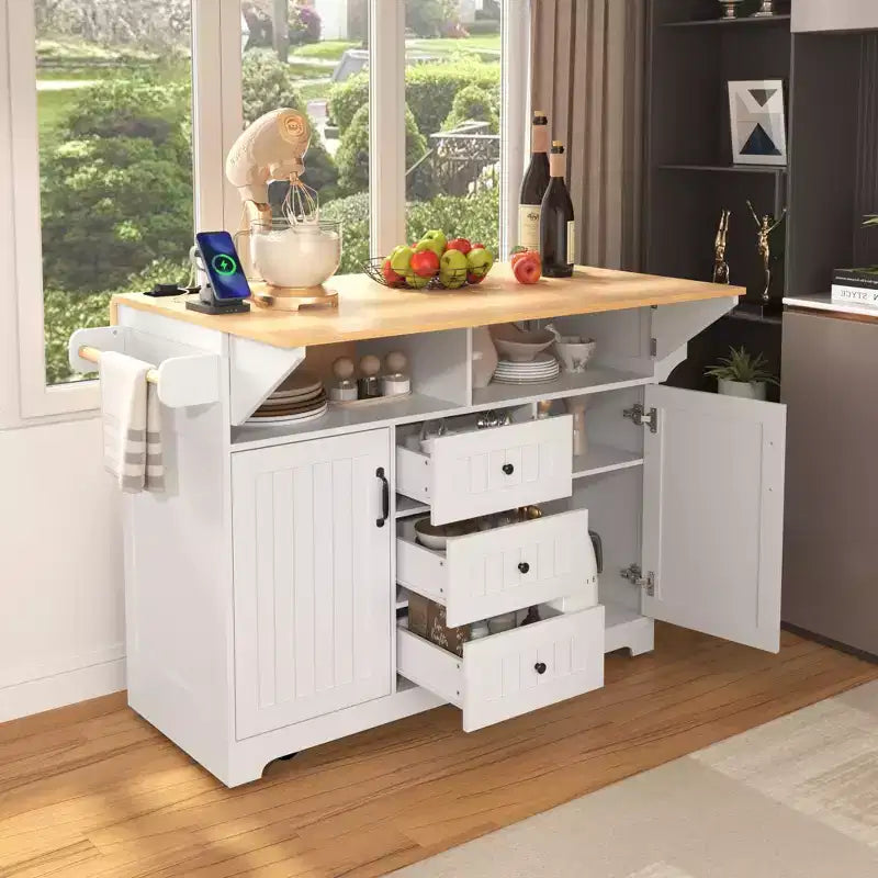 Grande isola cucina con 2 ante a ribalta, carrello da cucina su 5 ruote, tavolo da pranzo pieghevole con portapane e portatovaglioli, 3 cassetti