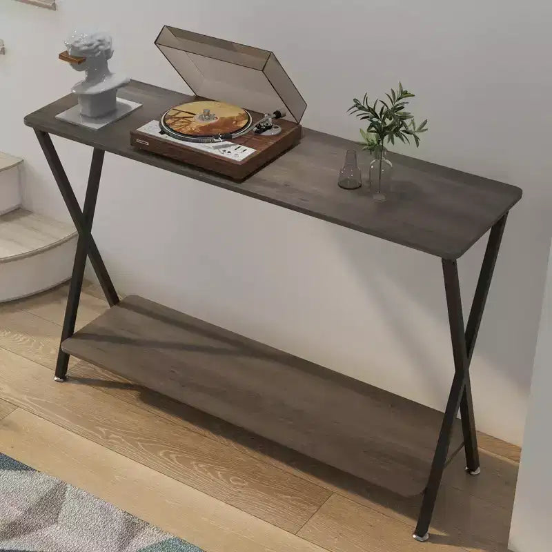 Tavolino Consolle Stretto con Mensole, Tavolo da Divano Rustico a 2 Livelli, Tavolo d'Ingresso per Corridoio, Soggiorno, Camera da Letto, Tavolino Contenitore Dietro il Divano