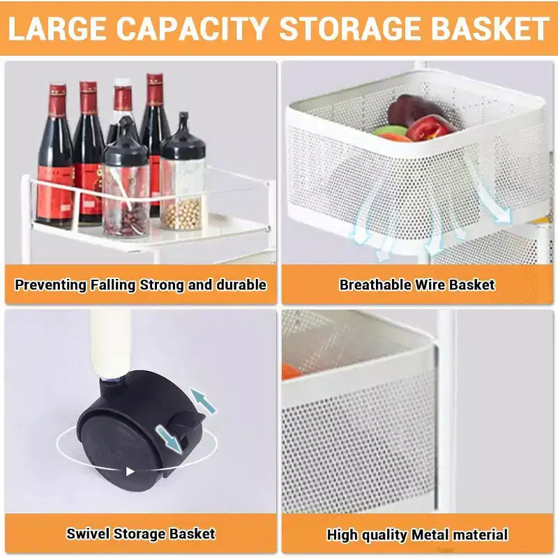 Carrello portaoggetti girevole a 5 ripiani in acciaio al carbonio bianco a 360°, scaffale organizer mobile per verdure da cucina e snack da soggiorno
