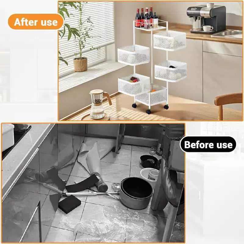 Carrello portaoggetti girevole a 5 ripiani in acciaio al carbonio bianco a 360°, scaffale organizer mobile per verdure da cucina e snack da soggiorno