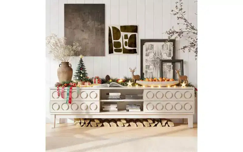 JVNOXK 70.08inModern Mid-Century Media Console with 4 Drawers and Cable Management, TV Console Table for TVs up to 75,for Living Room,Office(White)
