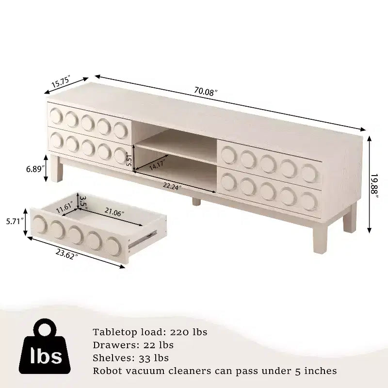 Mobile TV Mid-Century da 70" con 4 cassetti e gestione cavi, Adatto a TV fino a 75", Bianco