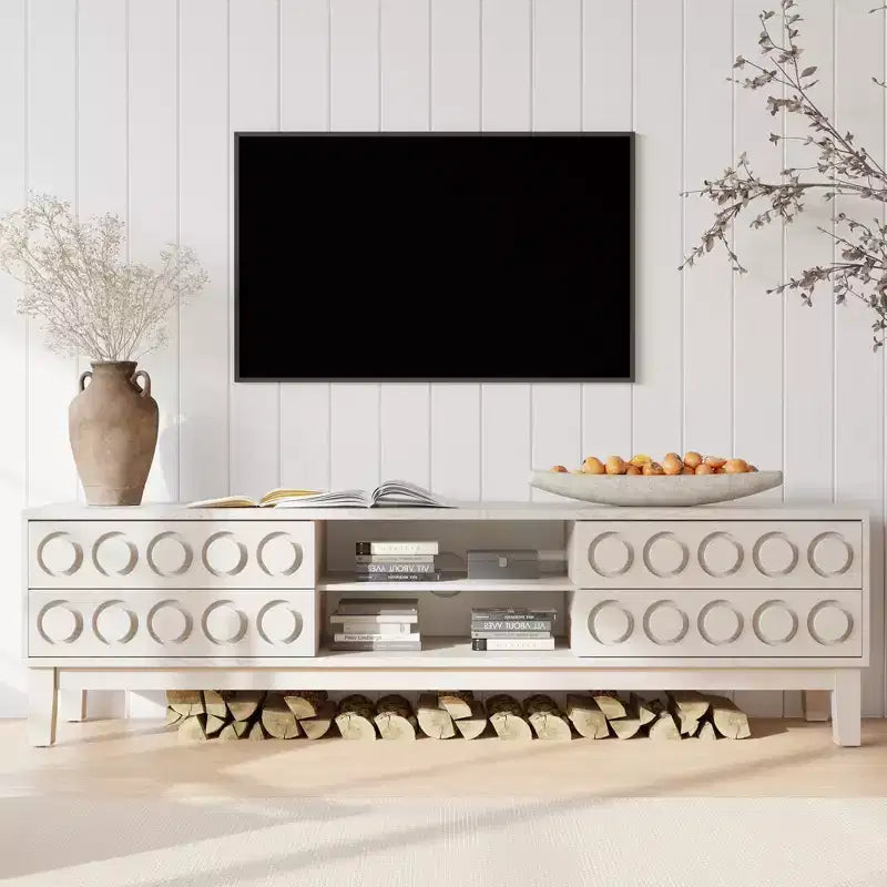 Mobile TV Mid-Century da 70" con 4 cassetti e gestione cavi, Adatto a TV fino a 75", Bianco
