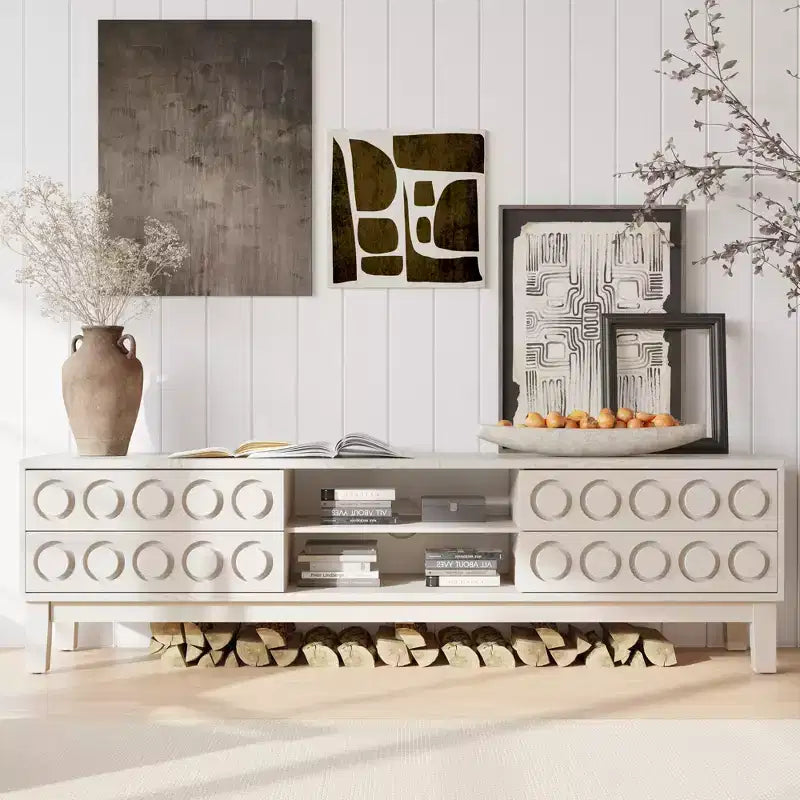 Mobile TV Mid-Century da 70" con 4 cassetti e gestione cavi, Adatto a TV fino a 75", Bianco