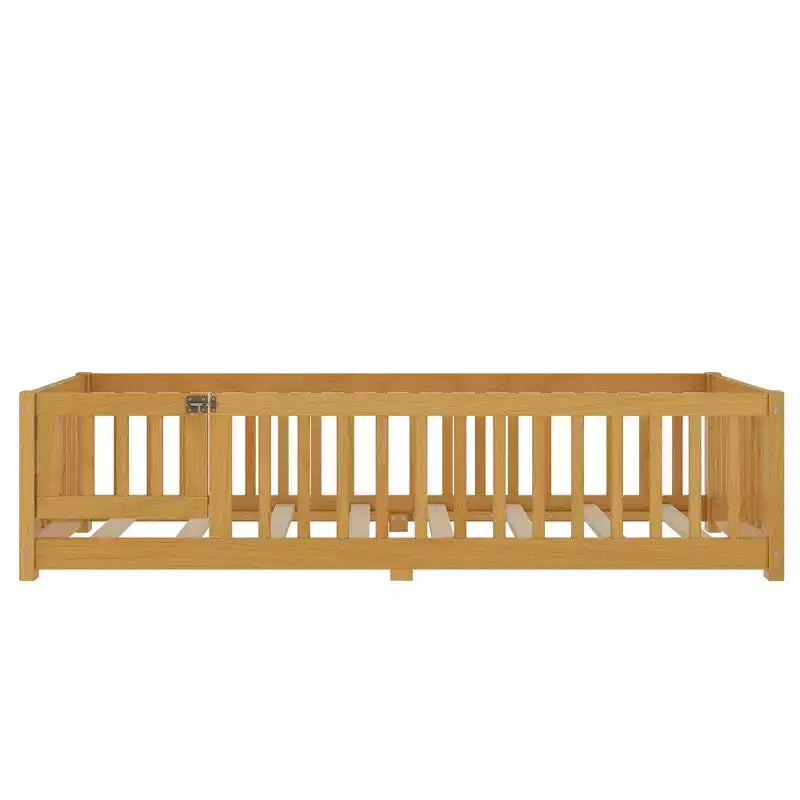 Struttura letto a terra per bambini in legno massello con spondine di sicurezza e cancelletto rimovibile, letto Montessori per bambini piccoli